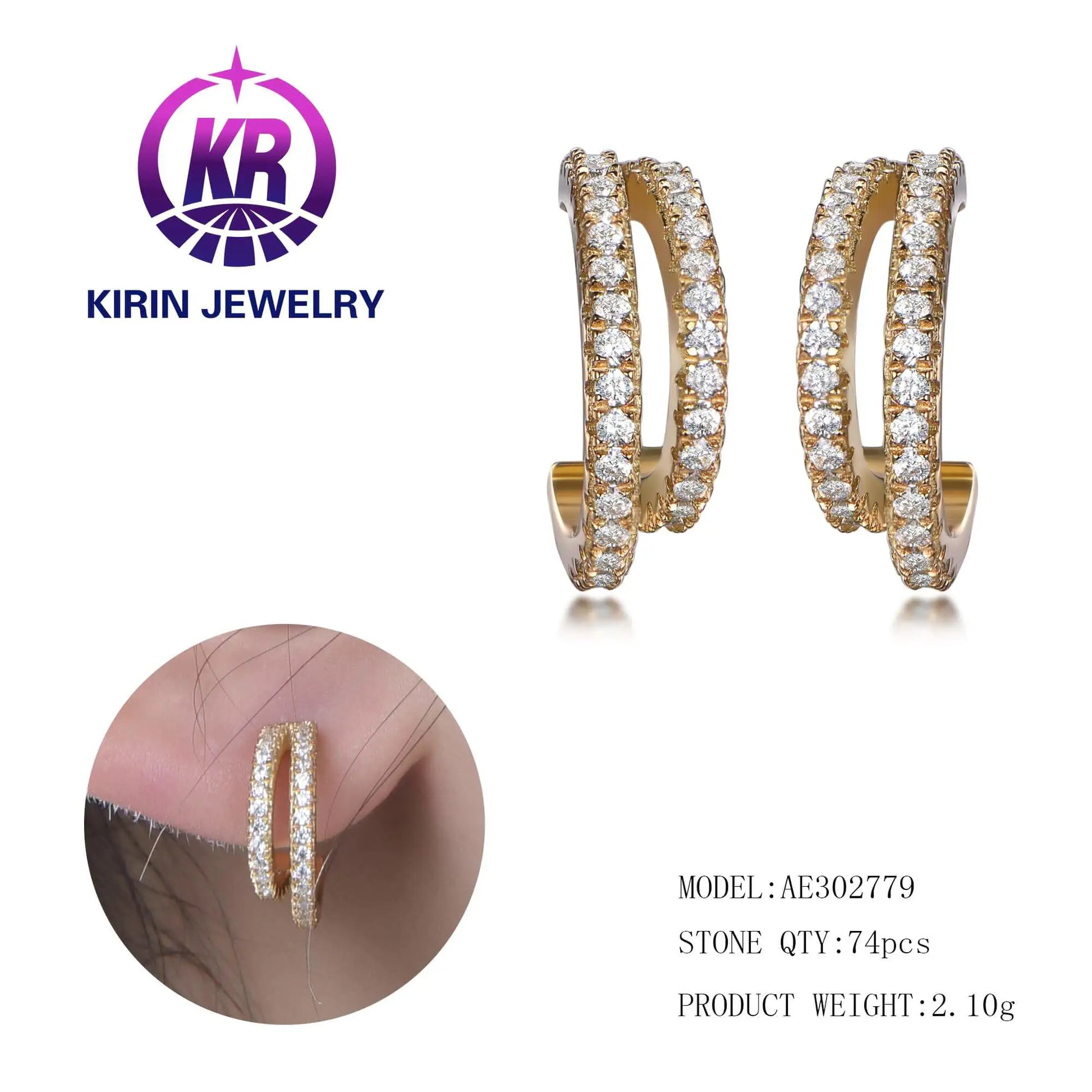 Wholesale Silver Gold Plated CZ Micro Double Row Open Hoop Earrings for Women