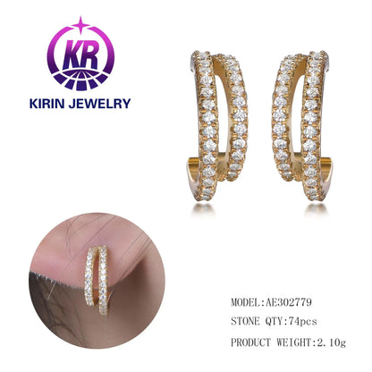 Wholesale Silver Gold Plated CZ Micro Double Row Open Hoop Earrings for Women