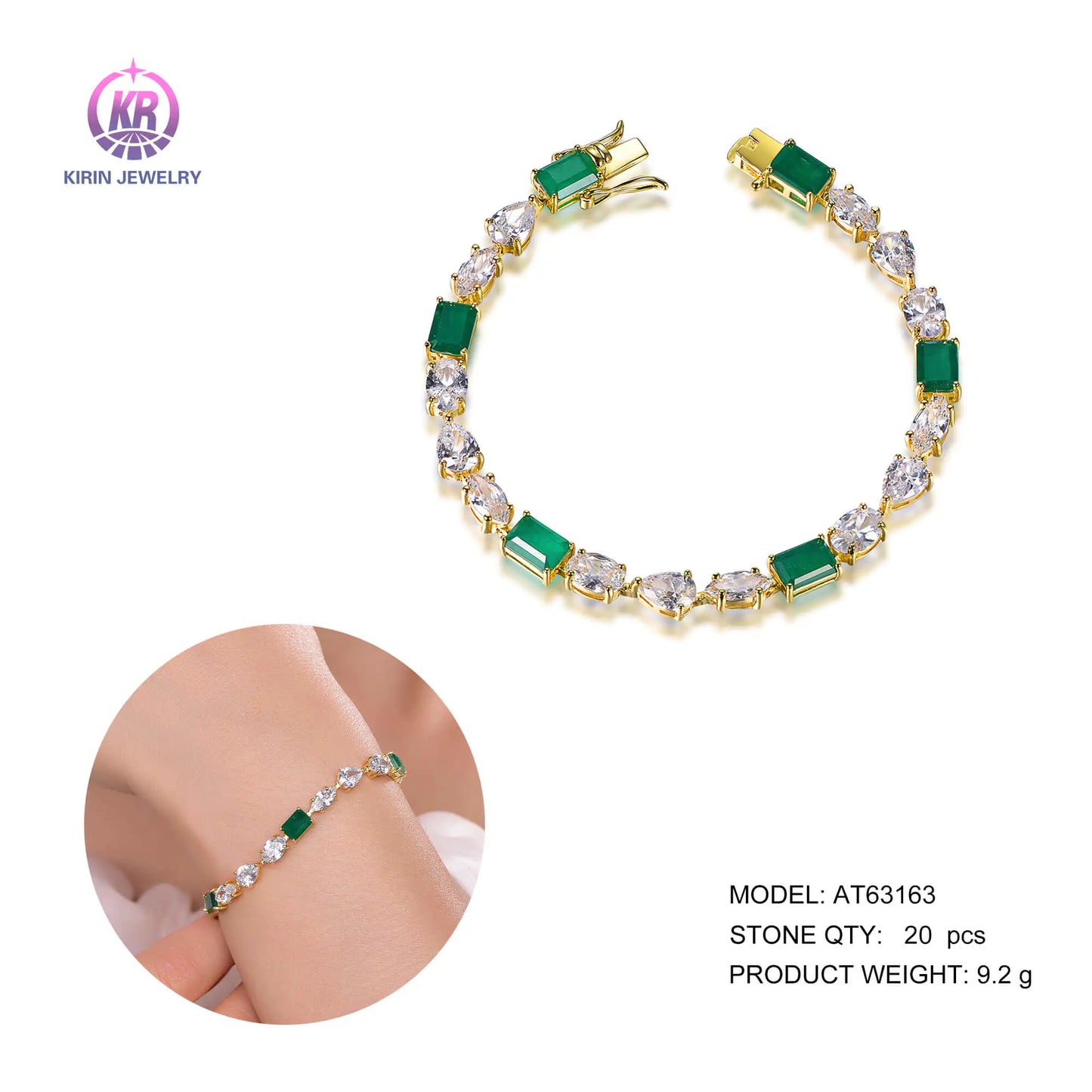 Wholesale Silver Gold Plated CZ Mixed Cut Lab Emerald Diamond Tennis Bracelet for Women