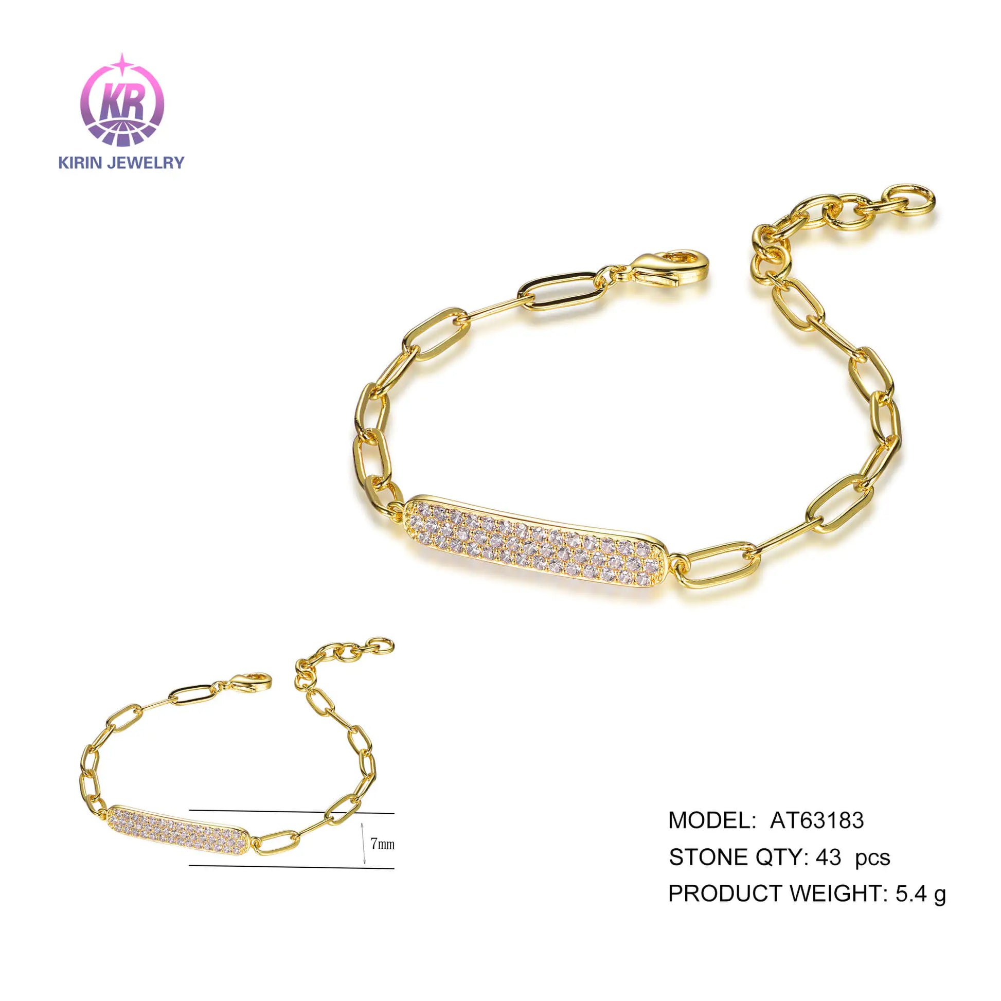 Wholesale Silver Gold Plated CZ Paperclip Link Chain Pave Bar Bracelet for Women