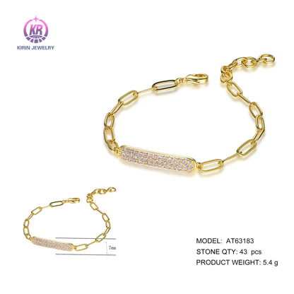 Wholesale Silver Gold Plated CZ Paperclip Link Chain Pave Bar Bracelet for Women