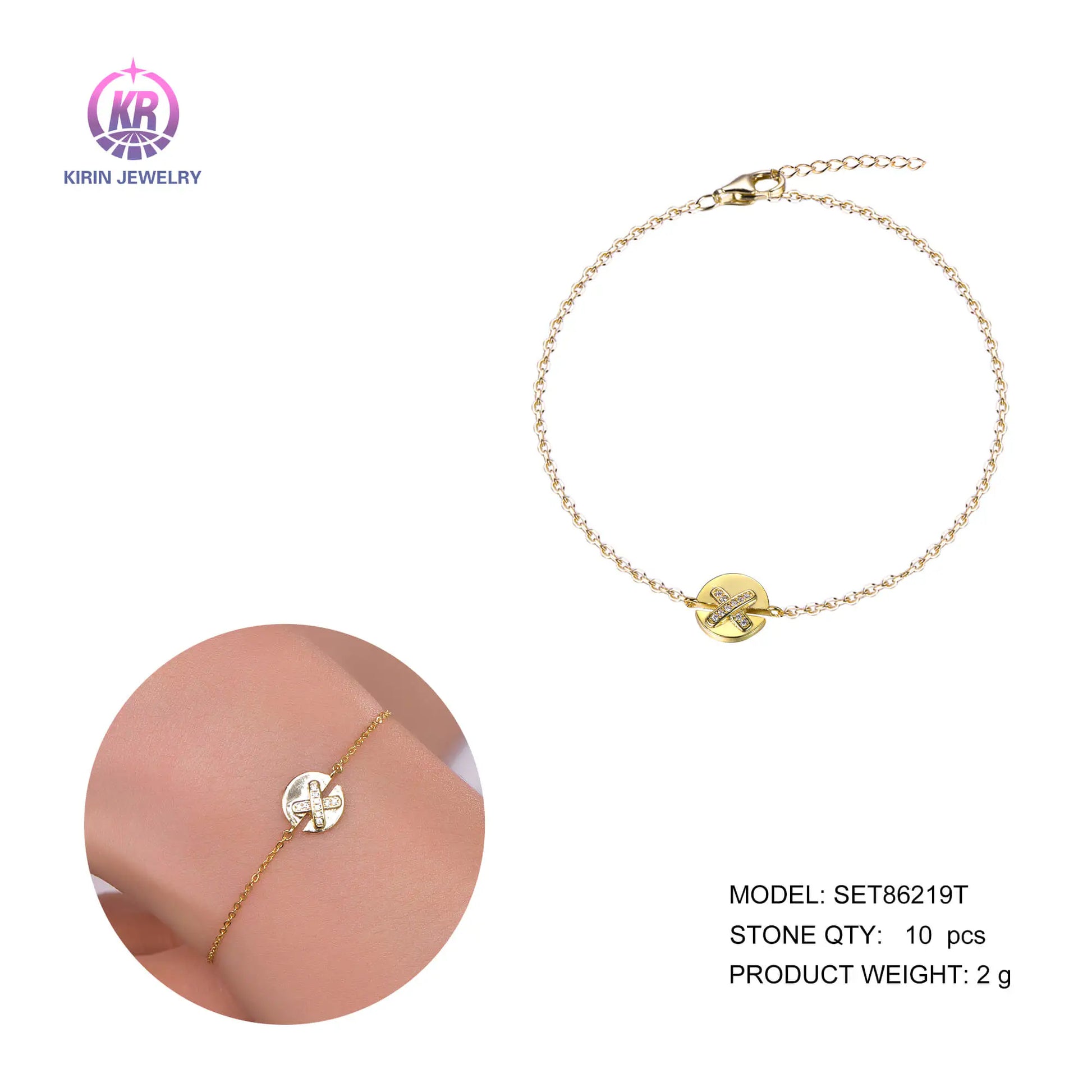 Wholesale Silver Gold Plated CZ Personalized Disc Dainty Initial Bracelet for Women