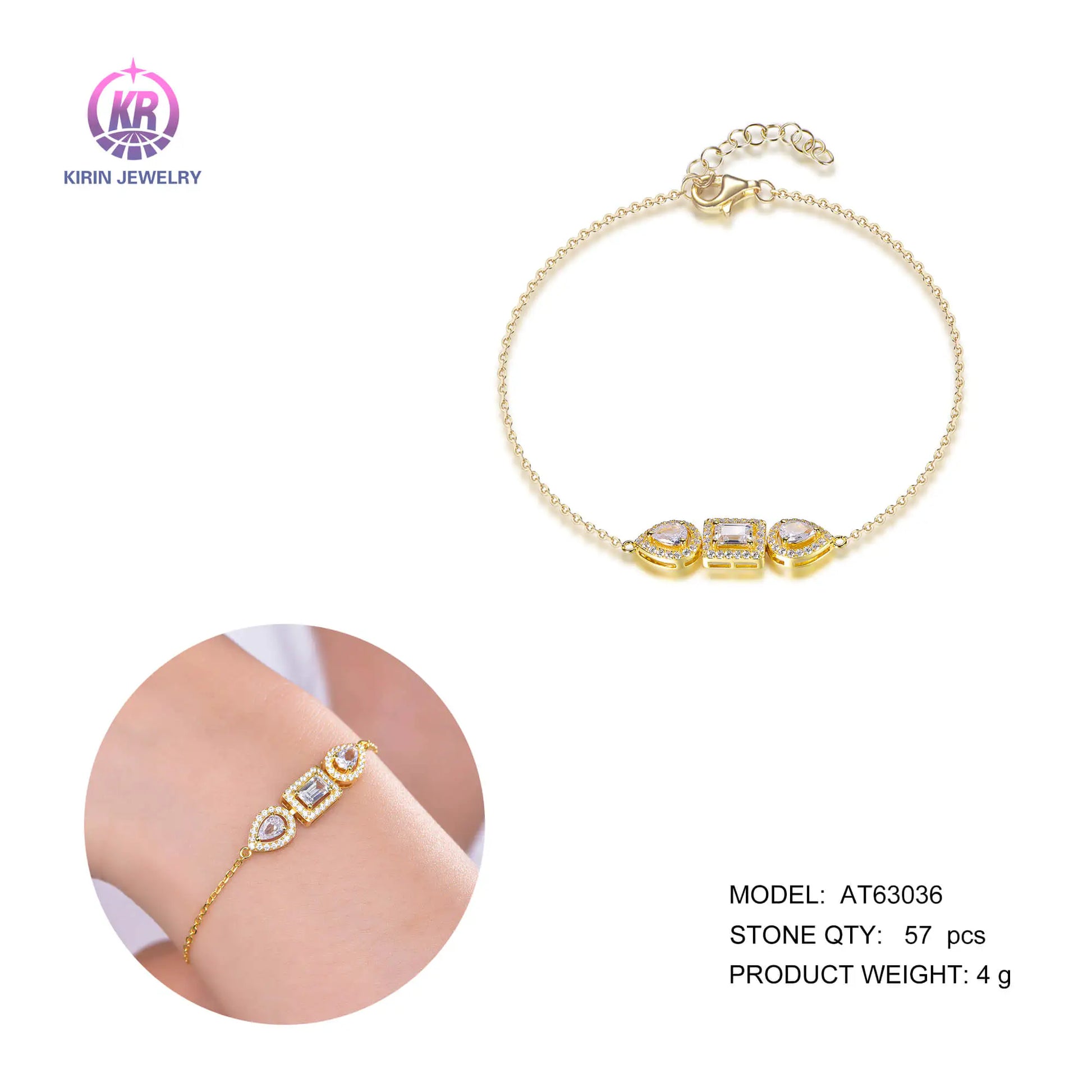 Wholesale Silver Gold Plated CZ Round and Baguette-Shape Multi Stone Bracelet​ for Women
