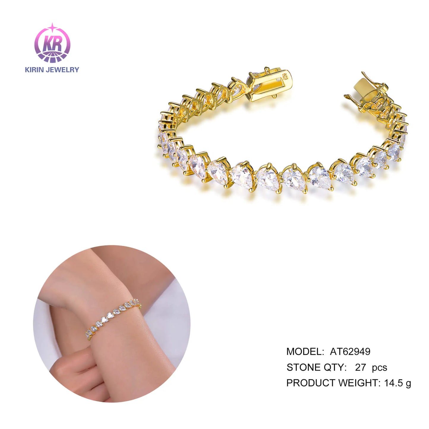 Wholesale Silver Gold Plated CZ Simulated Diamond Pear Cut Tennis Bracelet for Women