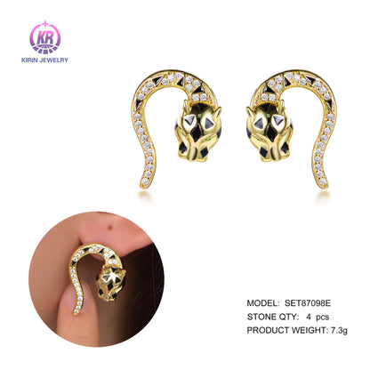 Wholesale Silver Gold Plated CZ & Spinel & Enamel Animal Leopard Head Earrings for Women
