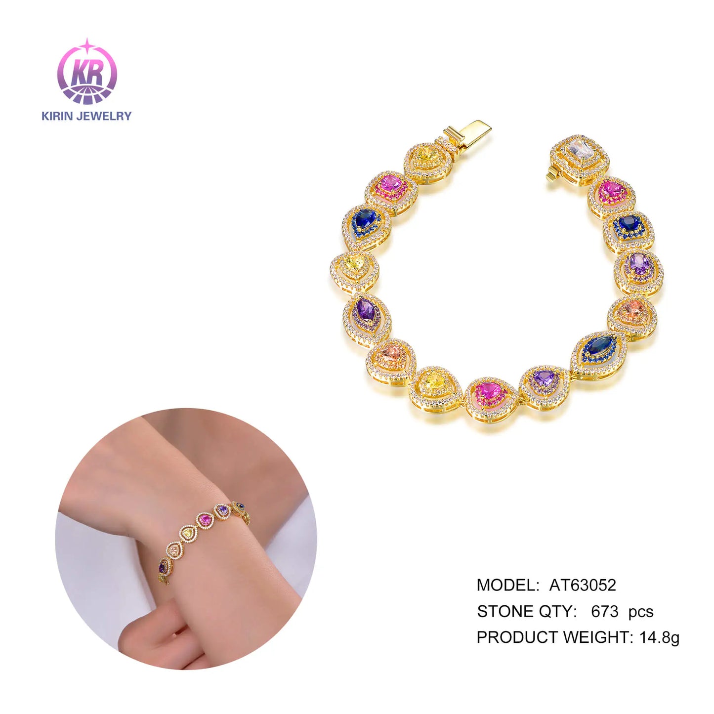 Wholesale Silver Gold Plated CZ & Spinel & Glass & Corundum Colorful Gem Bracelet​ for Women