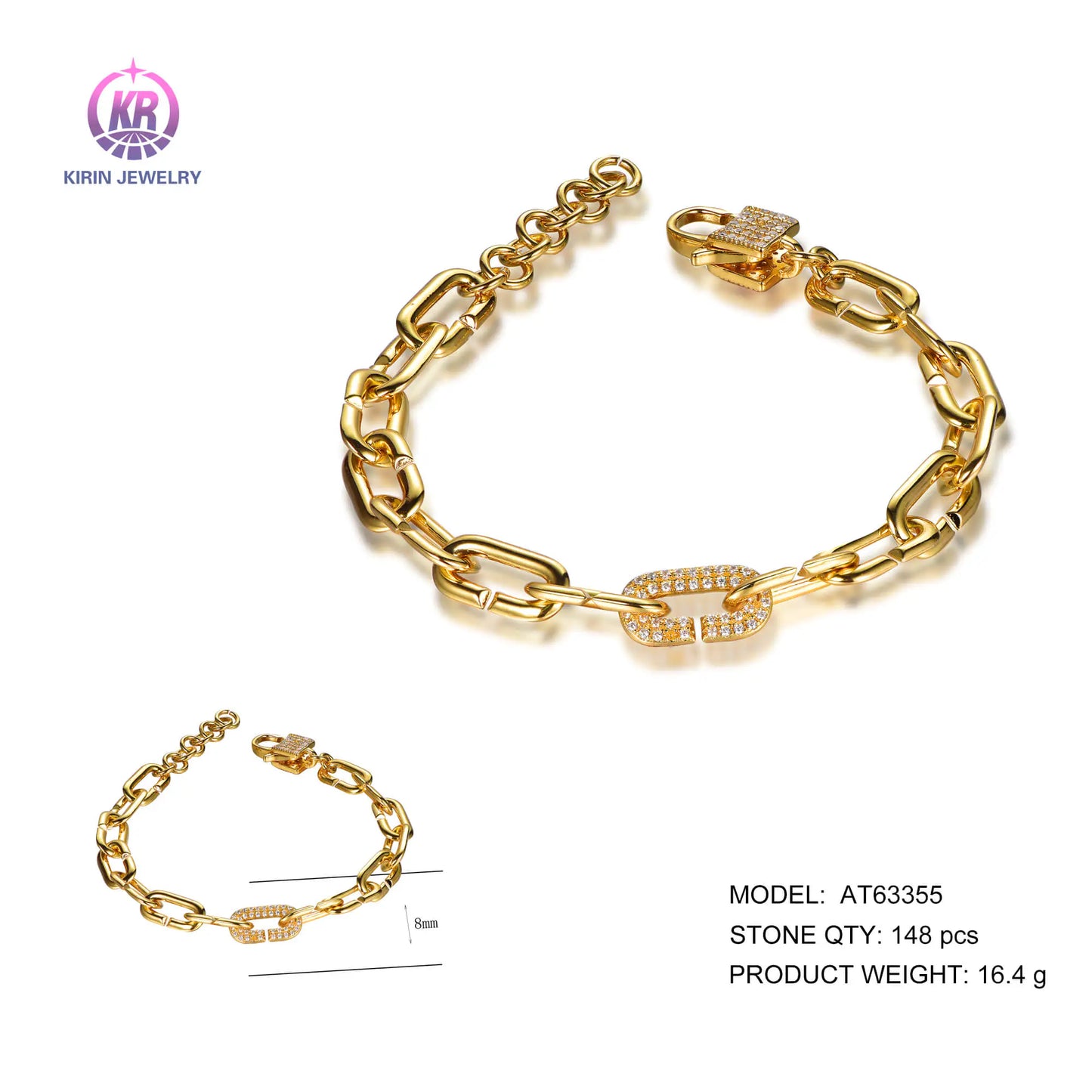 Wholesale Silver Gold Plated CZ Thick Chain Oval Paper Clip Link Bracelet for Women