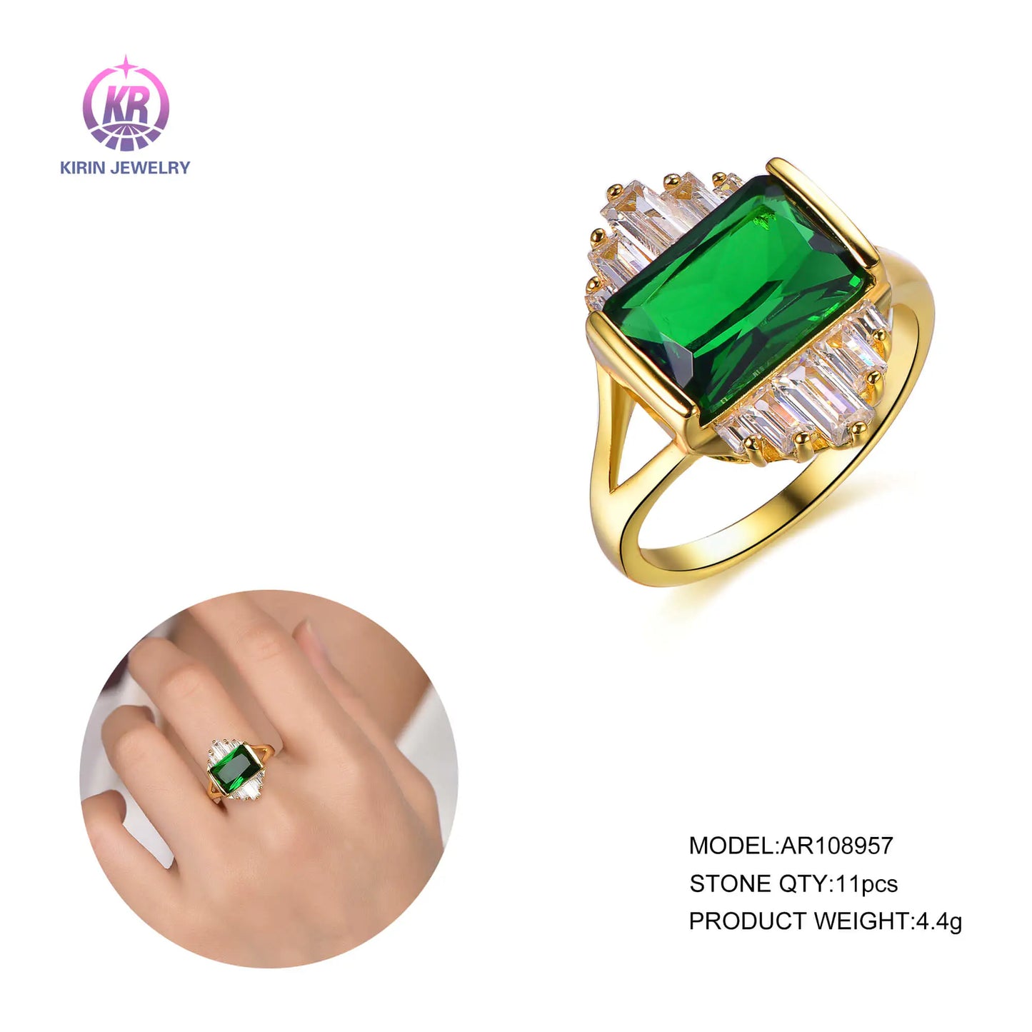 Wholesale Silver Gold Plated CZ and Glass Vintage Emerald Engagement Ring for Women