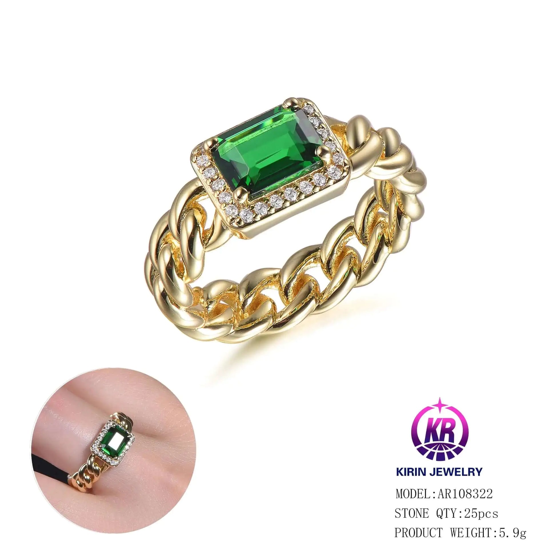 Wholesale Silver Gold Plated CZ & Lab Created Emerald Link Chain Band Unique Solitaire Engagement Rings for Women