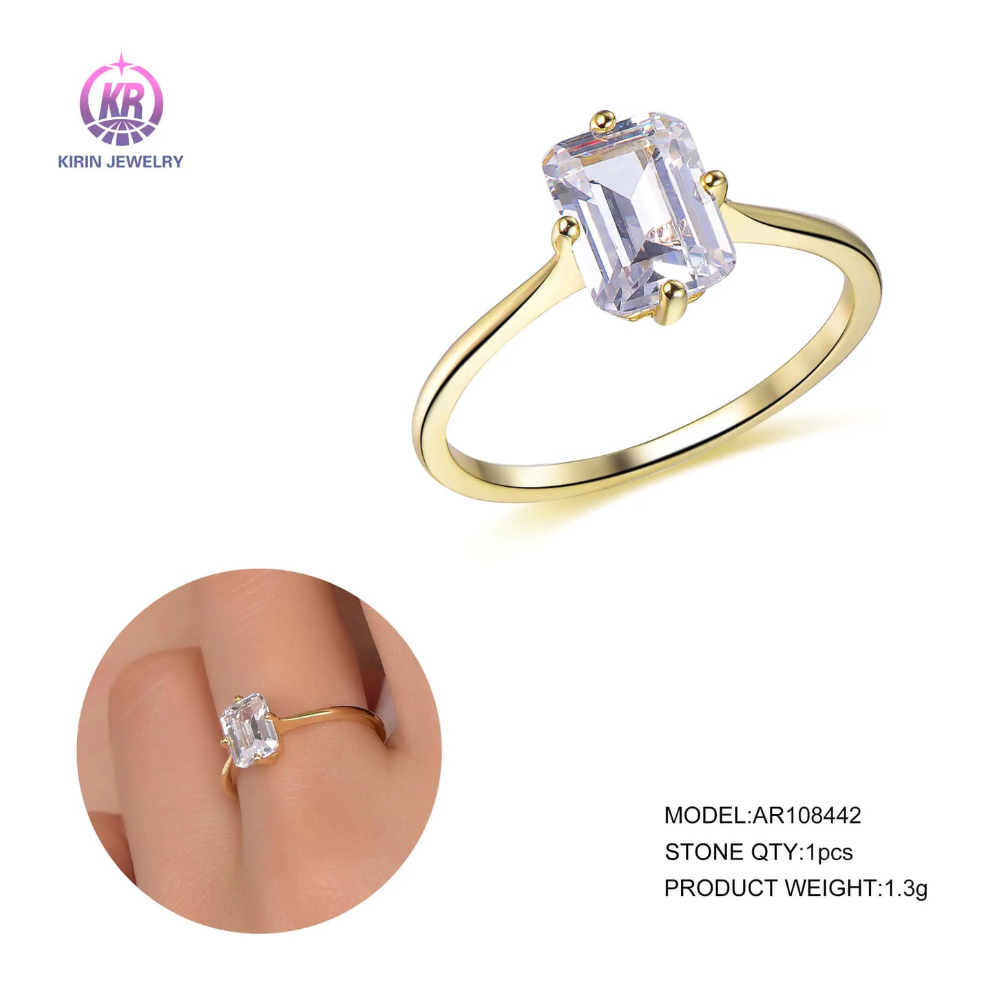 Wholesale Silver Gold Plated Compass Setting Created Diamond Emerald Cut Solitaire Ring for Women
