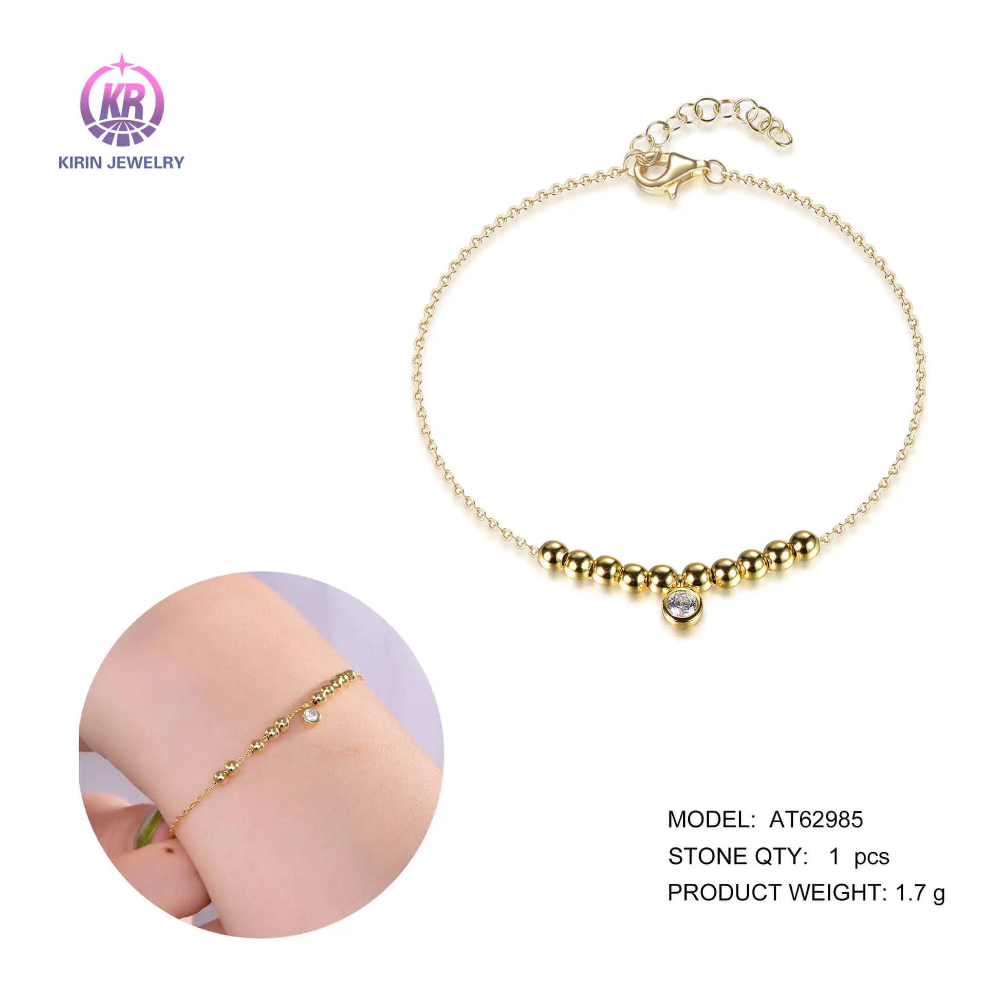 Wholesale Silver Gold Plated Cubic Zircon Adjustable Beaded Charm Bracelet for Women