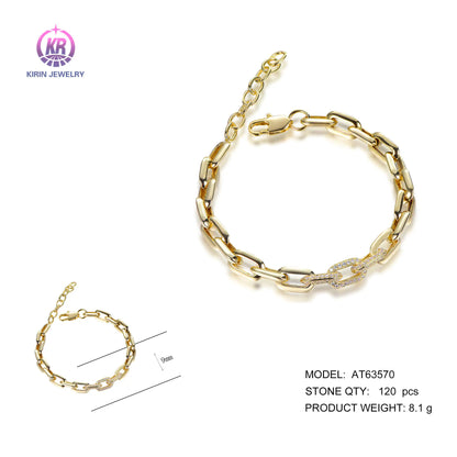 Wholesale Silver Gold Plated Cubic Zircon Adjustable Chunky Paperclip Bracelet for Women