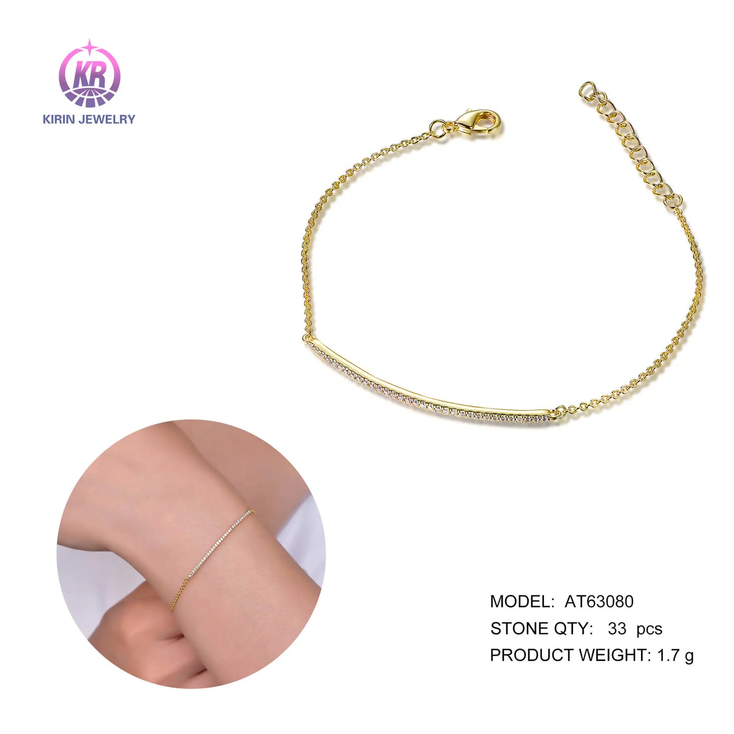 Wholesale Silver Gold Plated Cubic Zircon Adjustable Curved Bar Bracelet for Women