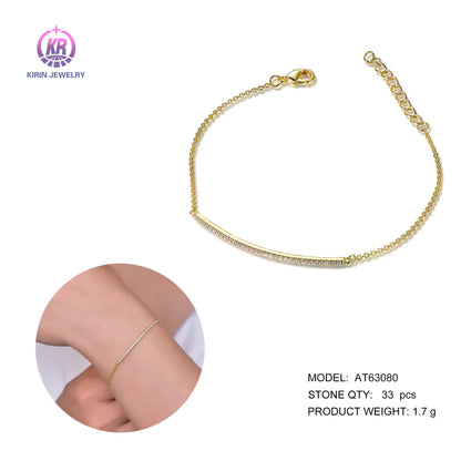 Wholesale Silver Gold Plated Cubic Zircon Adjustable Curved Bar Bracelet for Women