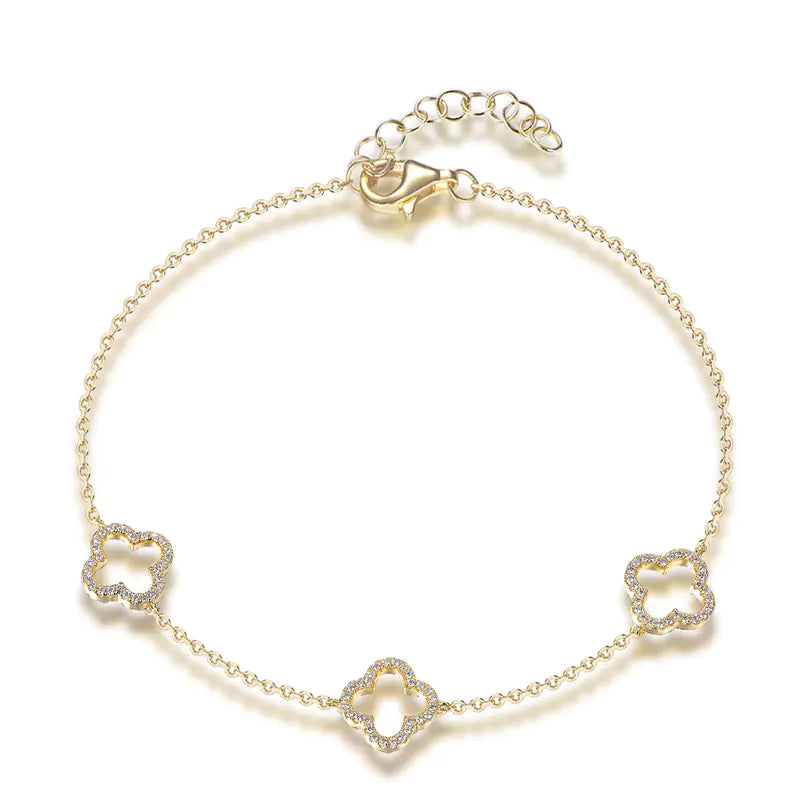 Wholesale Silver Gold Plated Cubic Zircon Adjustable Hollow Four Leaf Bracelet