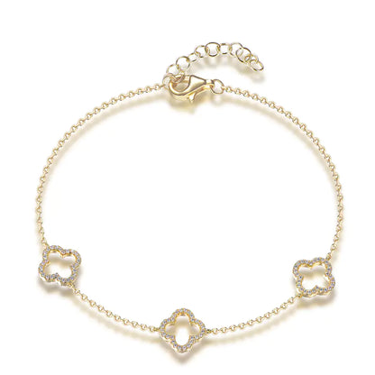 Wholesale Silver Gold Plated Cubic Zircon Adjustable Hollow Four Leaf Bracelet