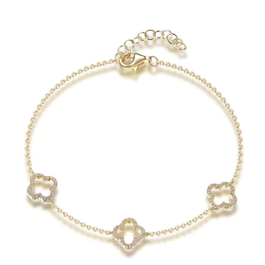 Wholesale Silver Gold Plated Cubic Zircon Adjustable Hollow Four Leaf Bracelet