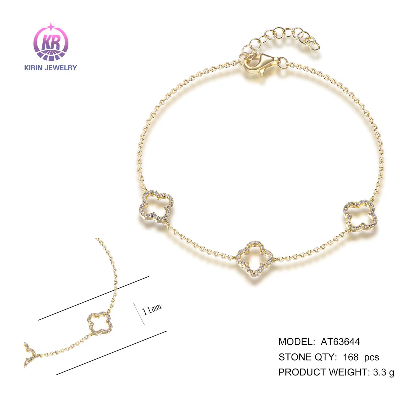 Wholesale Silver Gold Plated Cubic Zircon Adjustable Hollow Four Leaf Bracelet for Women