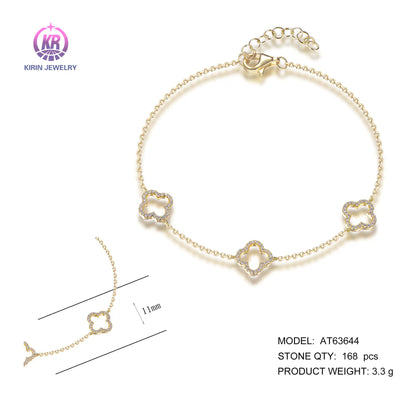 Wholesale Silver Gold Plated Cubic Zircon Adjustable Hollow Four Leaf Bracelet for Women