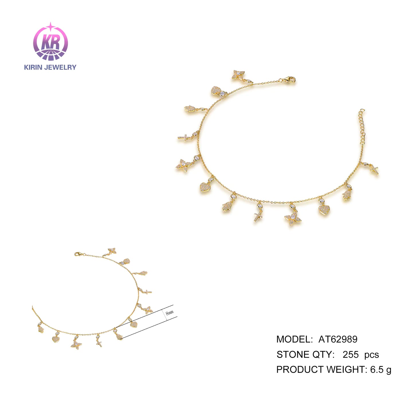Wholesale Silver Gold Plated Cubic Zircon Adjustable Multi Charm Bracelet for Women