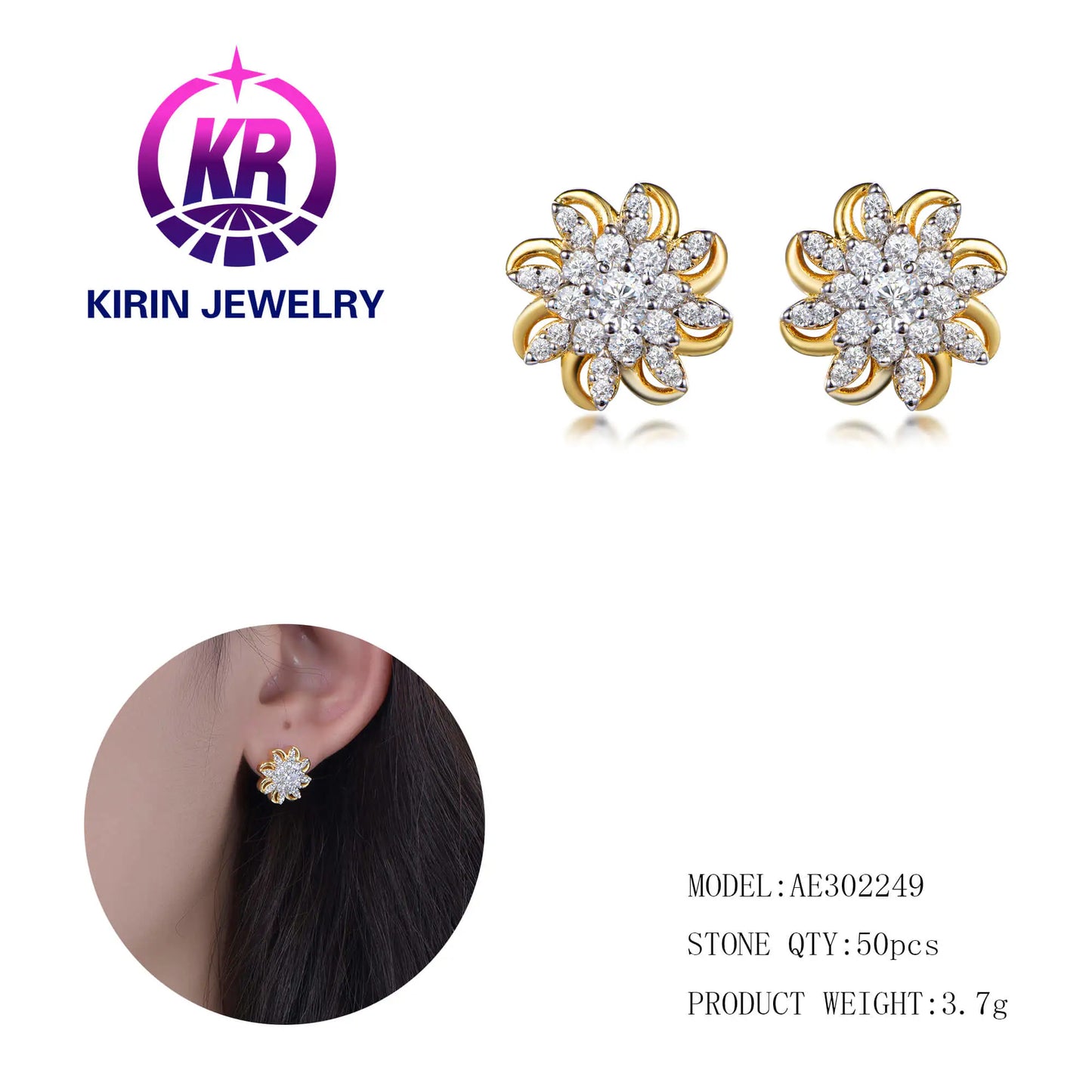 Wholesale Silver Gold Plated Cubic Zircon Cluster Flower Earrings Studs for Women