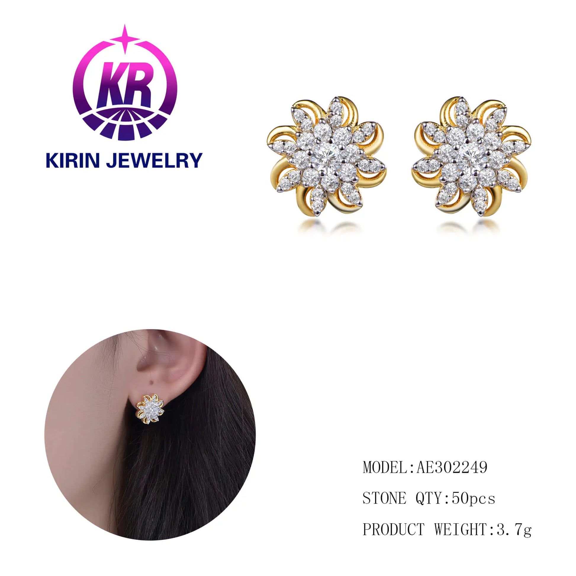 Wholesale Silver Gold Plated Cubic Zircon Cluster Flower Earrings Studs for Women
