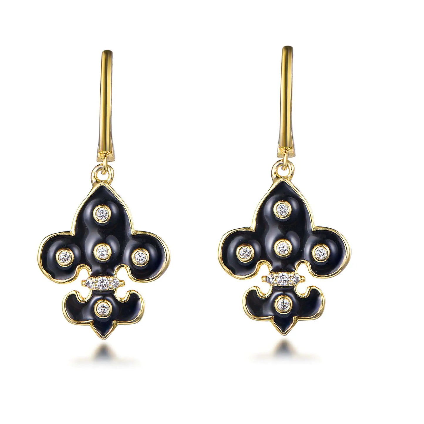 Wholesale Silver Gold Plated Cubic Zircon & Enamel Black Fleur De Lis Dangle Earrings