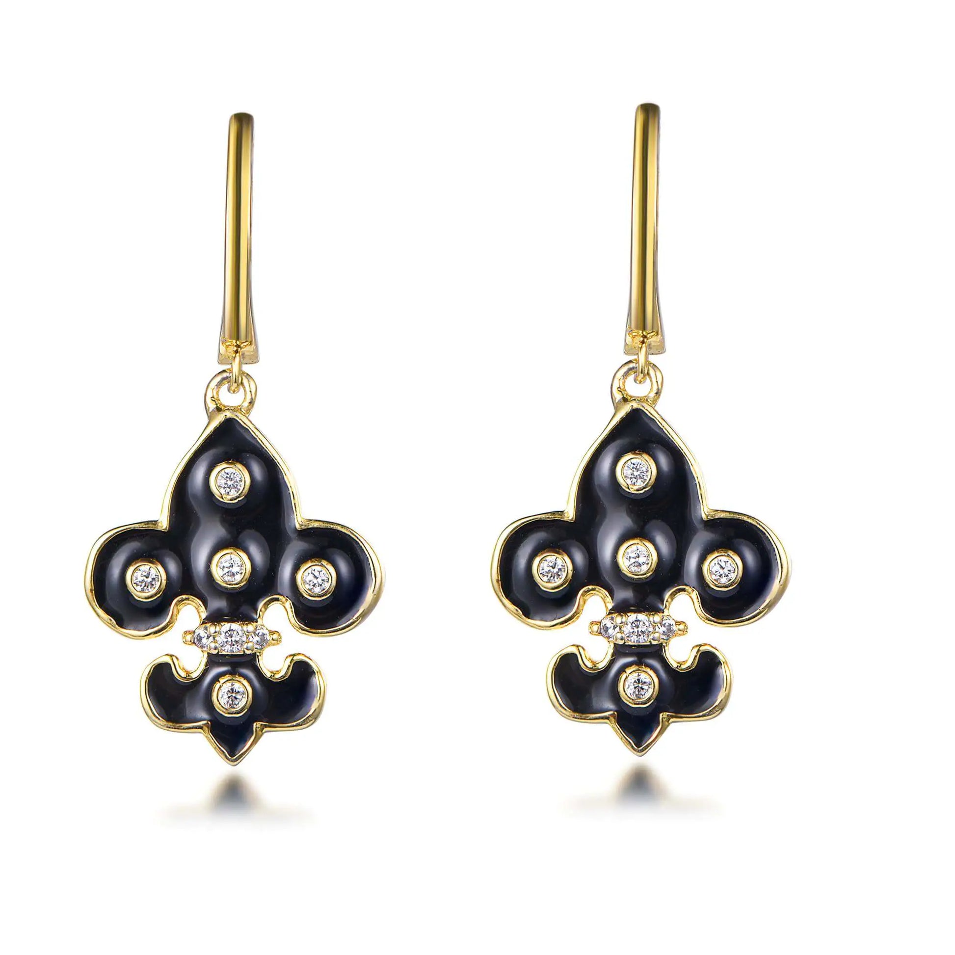 Wholesale Silver Gold Plated Cubic Zircon & Enamel Black Fleur De Lis Dangle Earrings
