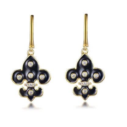 Wholesale Silver Gold Plated Cubic Zircon & Enamel Black Fleur De Lis Dangle Earrings