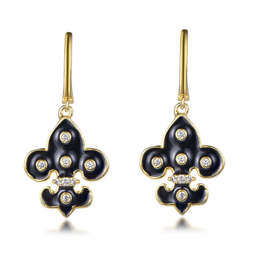 Wholesale Silver Gold Plated Cubic Zircon & Enamel Black Fleur De Lis Dangle Earrings