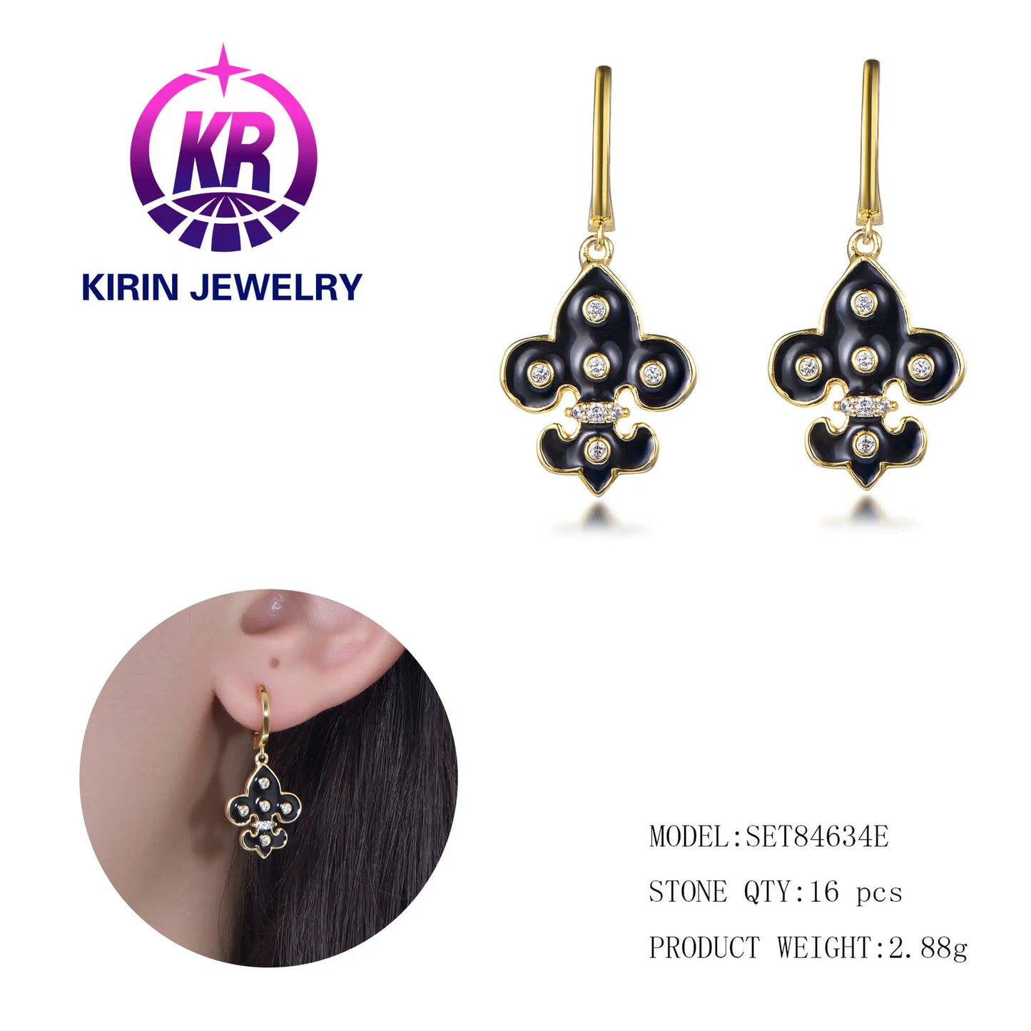 Wholesale Silver Gold Plated Cubic Zircon & Enamel Black Fleur De Lis Dangle Earrings for Women