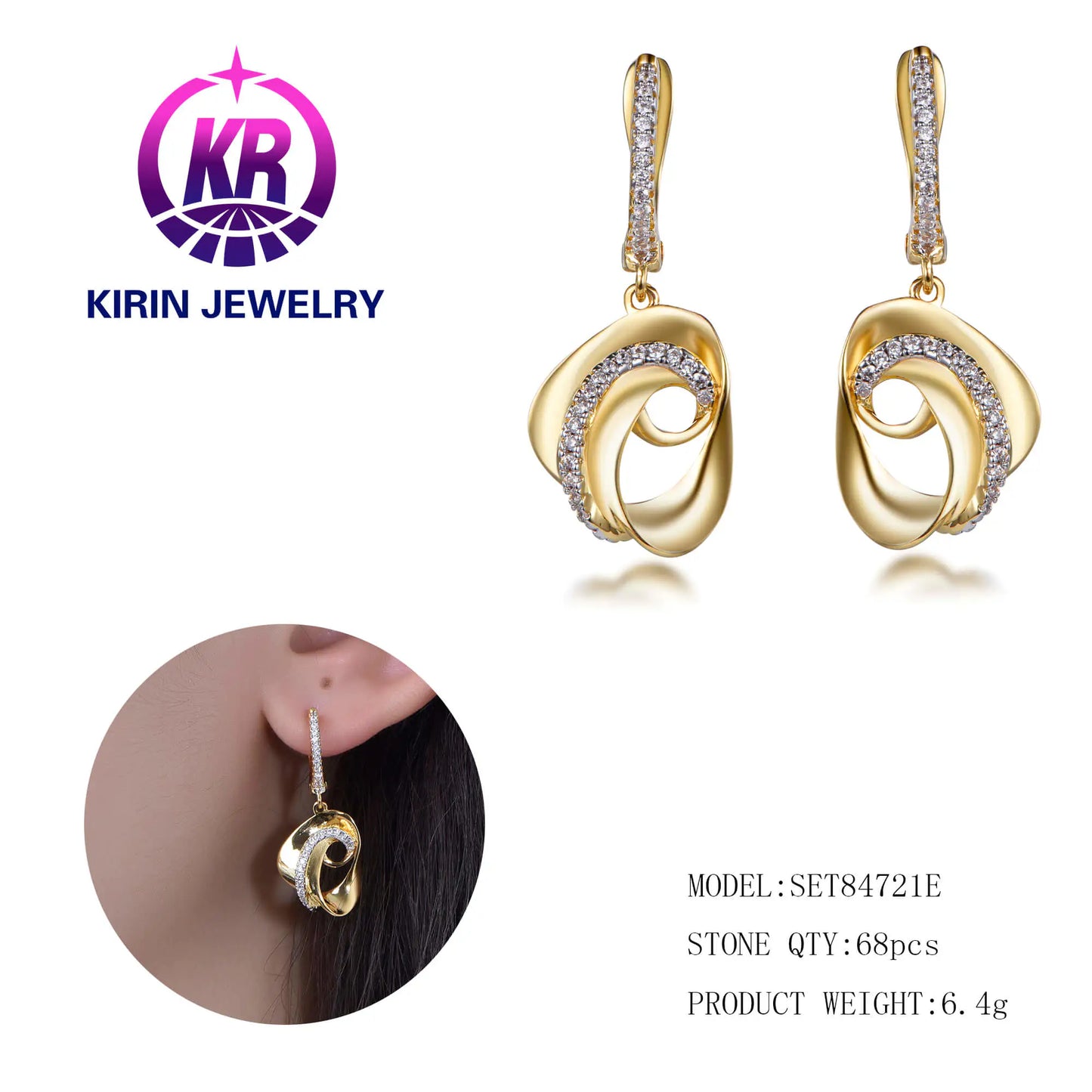 Wholesale Silver Gold Plated Cubic Zircon Geometric Circle Twisted Dangle Earrings for Women