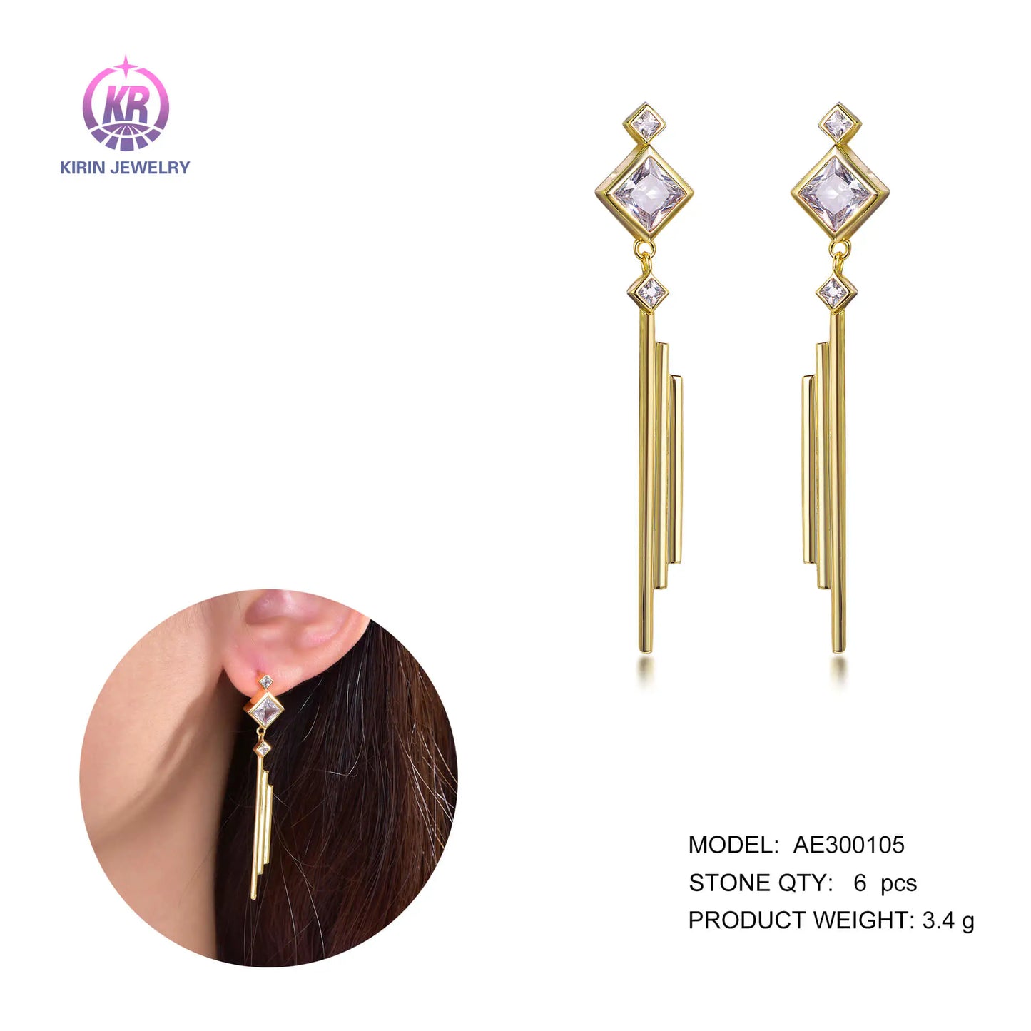 Wholesale Silver Gold Plated Cubic Zircon Geometric Dangling Long Earrings for Women