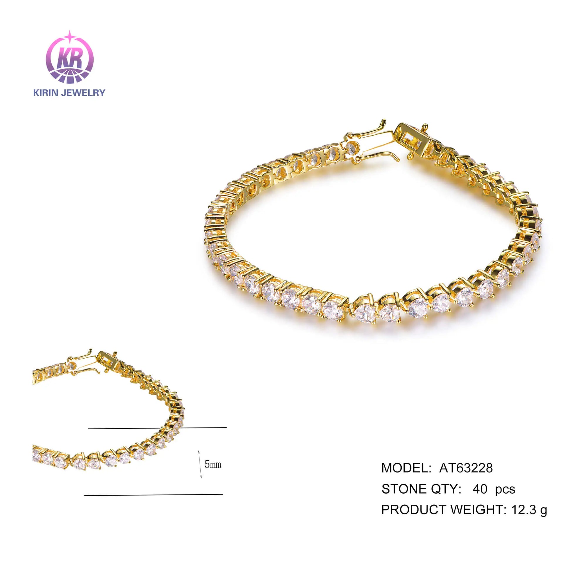 Wholesale Silver Gold Plated Cubic Zircon Heart Shaped Tennis Bracelet​ for Women