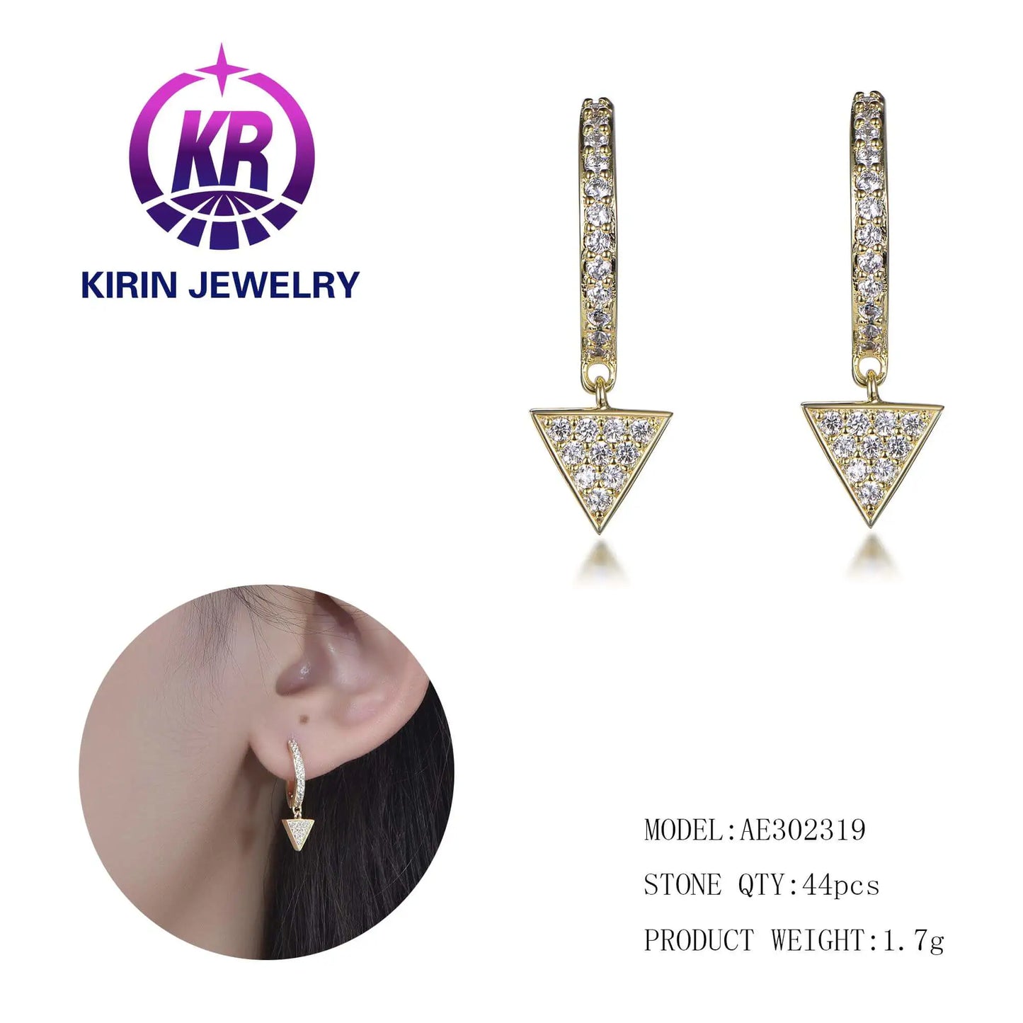 Wholesale Silver Gold Plated Cubic Zircon Hoop Triangle Dangle Earrings for Women