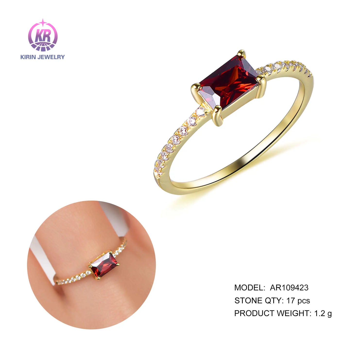 Wholesale Silver Gold Plated Cubic Zircon Lab Created Ruby Solitaire Thin Band Rings for Women