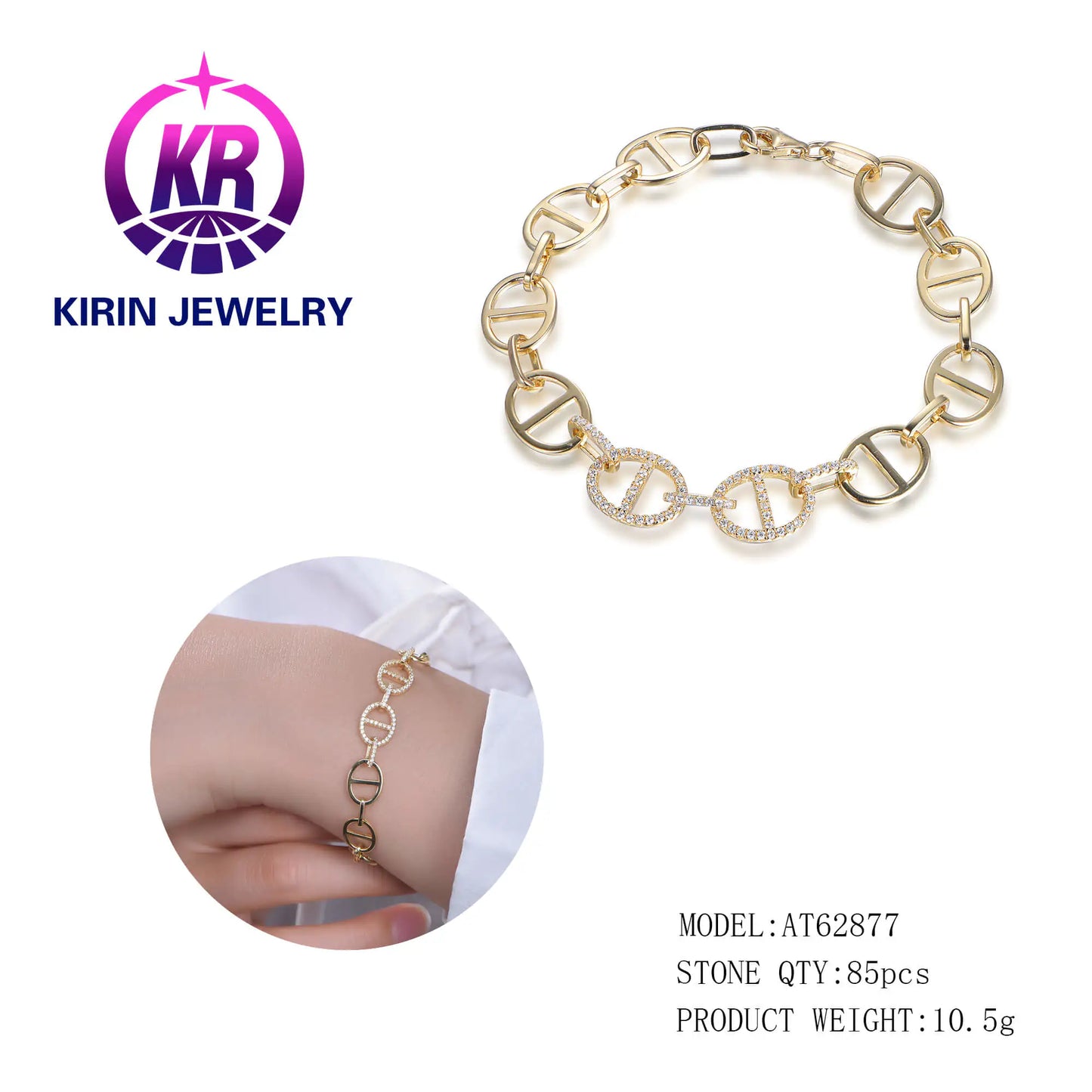 Wholesale Silver Gold Plated Cubic Zircon Lite Anchor Chain Bracelet​ for Women