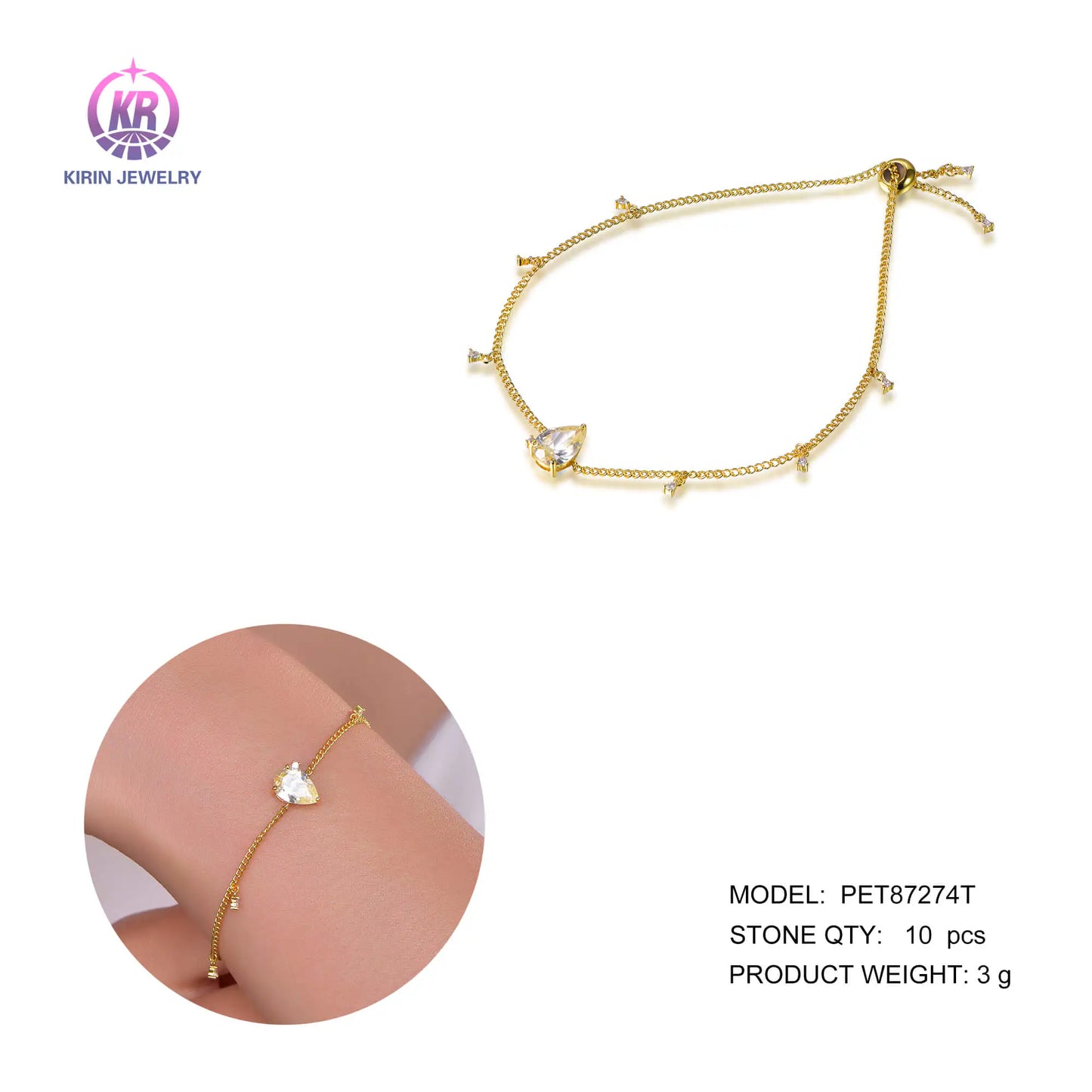 Wholesale Silver Gold Plated Cubic Zircon Minimalist Chain Charm Bracelet for Women