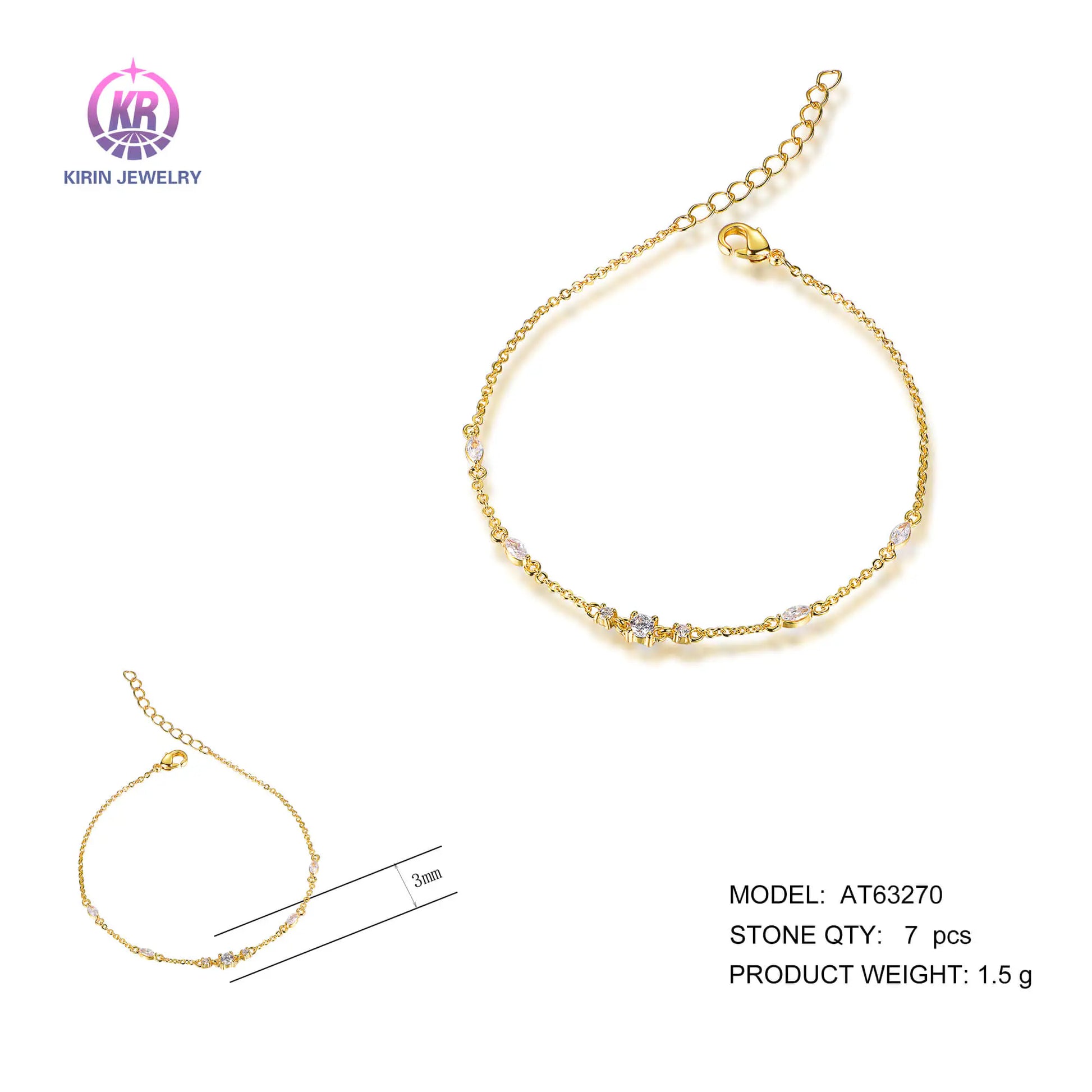 Wholesale Silver Gold Plated Cubic Zircon Minimalist Thin Chain Bracelet for Women