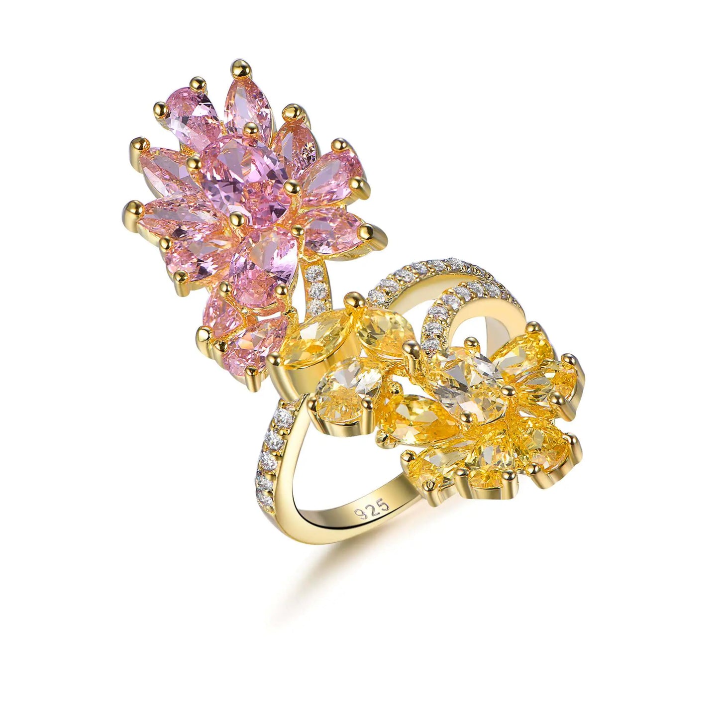 Wholesale Silver Gold Plated Cubic Zircon Mixed Cut Dual Colorful Flower Ring