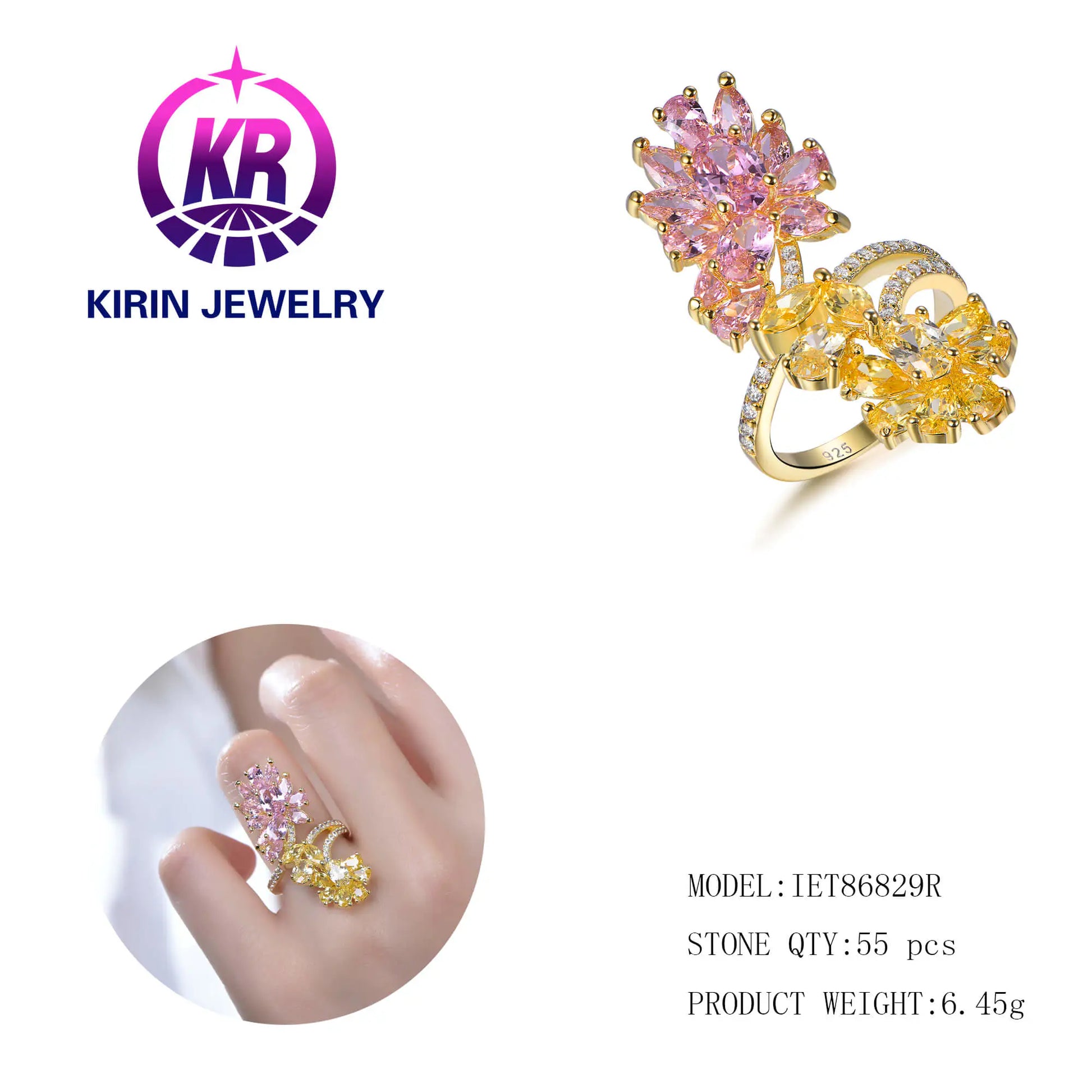 Wholesale Silver Gold Plated Cubic Zircon Mixed Cut Dual Colorful Flower Ring for Women