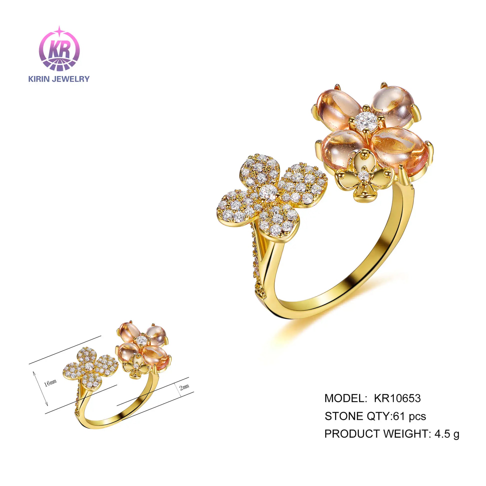 Wholesale Silver Gold Plated Cubic Zircon Open Personalized Flower Ring for Women