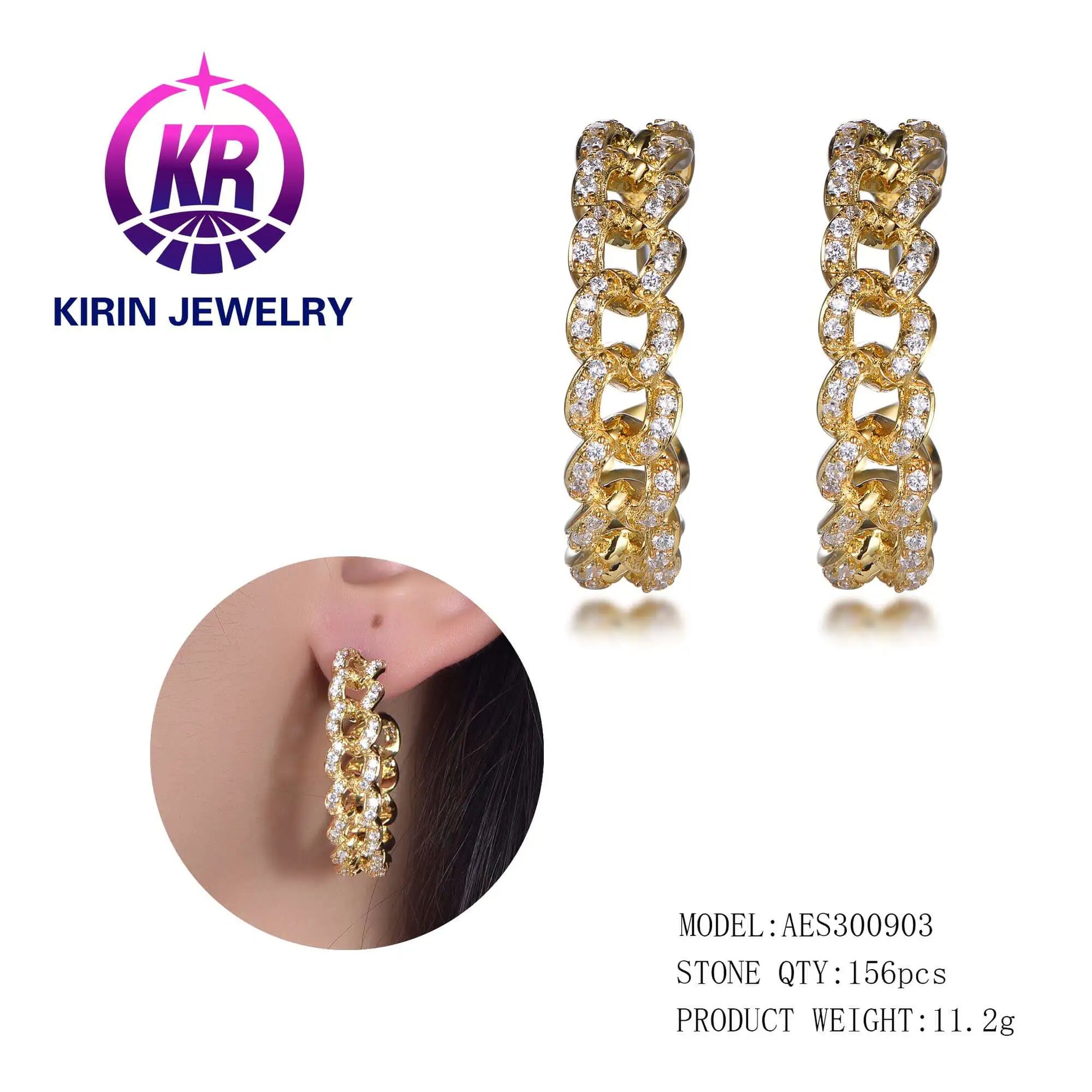 Wholesale Silver Gold Plated Cubic Zircon Pava Curb Chain Hoop Earrings for Women