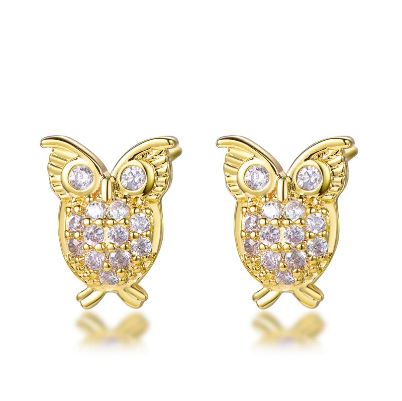 Wholesale Silver Gold Plated Cubic Zircon Paved Nature-Inspired Owl Stud Earrings