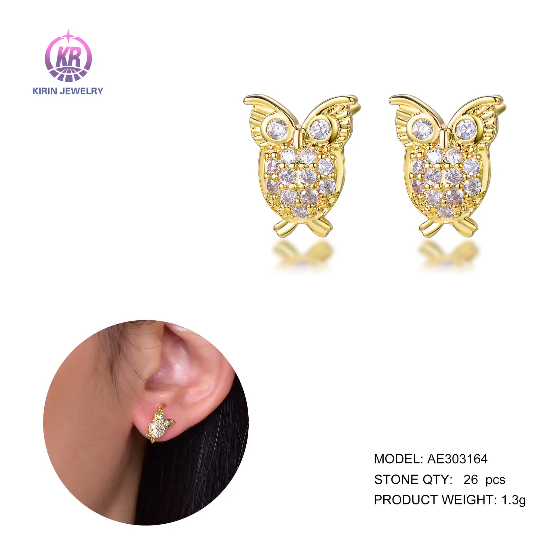 Wholesale Silver Gold Plated Cubic Zircon Paved Nature-Inspired Owl Stud Earrings for Women