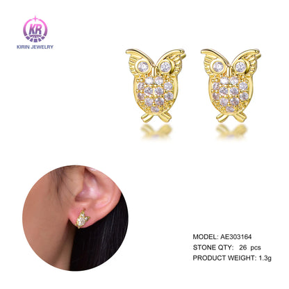 Wholesale Silver Gold Plated Cubic Zircon Paved Nature-Inspired Owl Stud Earrings for Women
