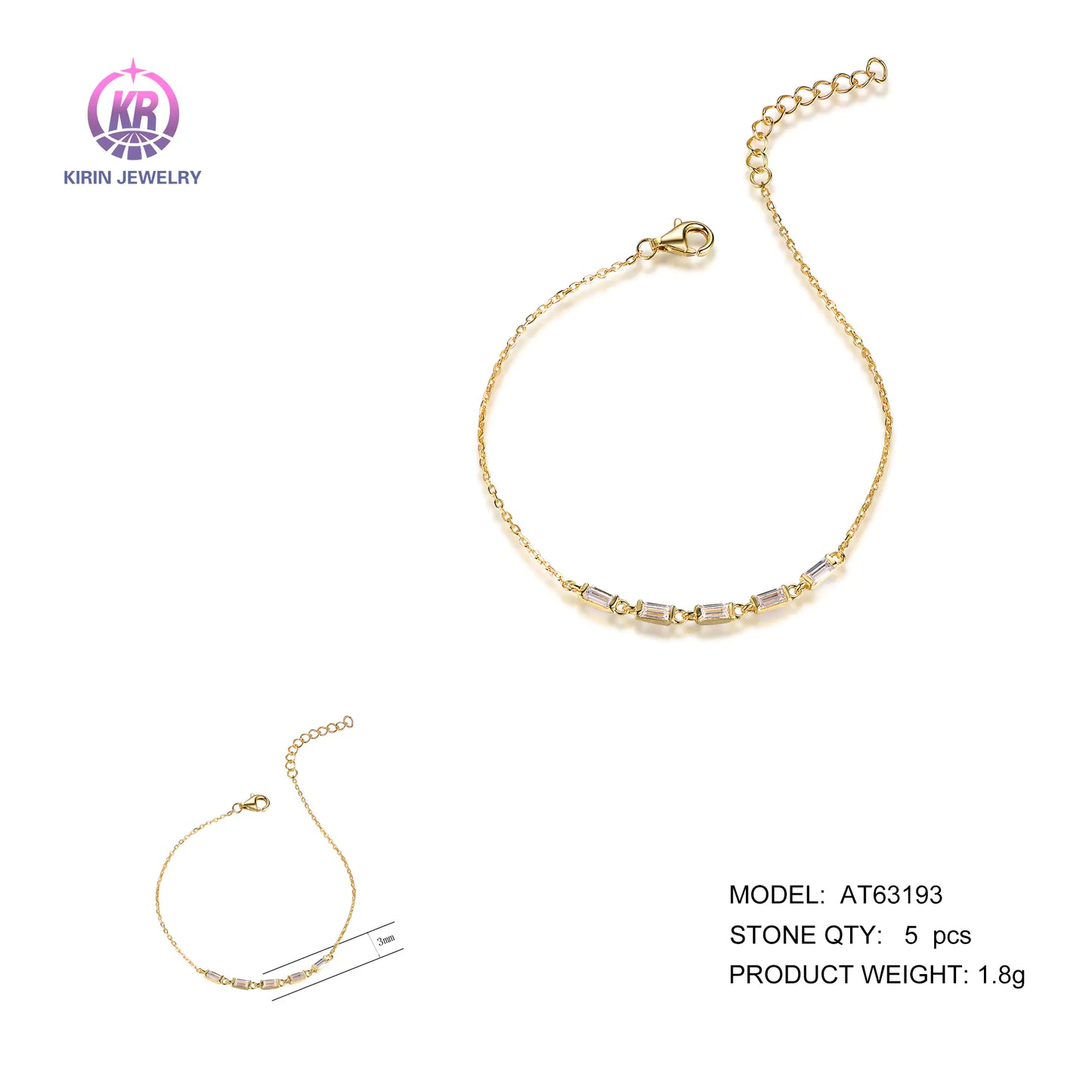 Wholesale Silver Gold Plated Cubic Zircon Personalized Rectangle Link Bracelet for Women