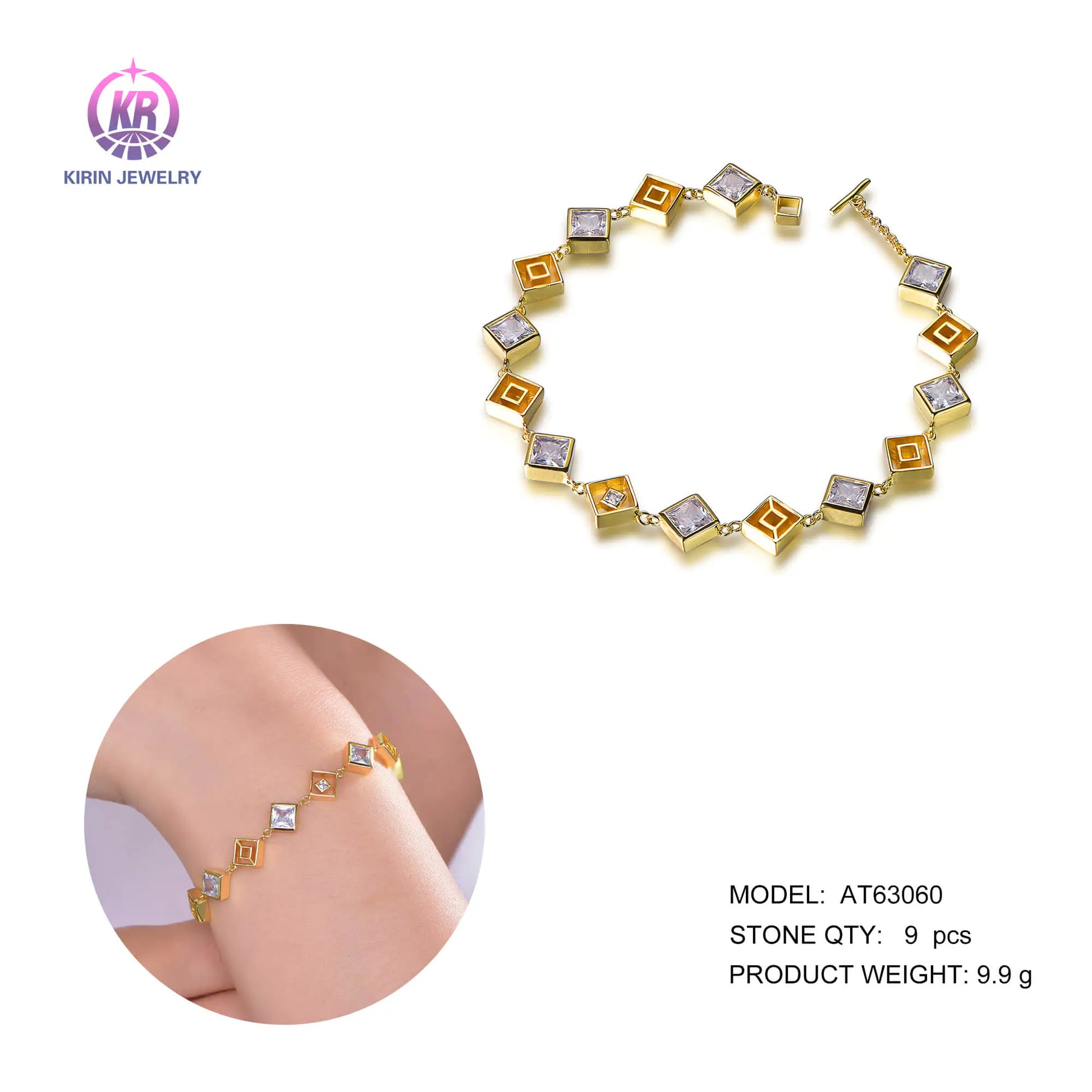 Wholesale Silver Gold Plated Cubic Zircon Personalized Square Link Bracelet​ for Women