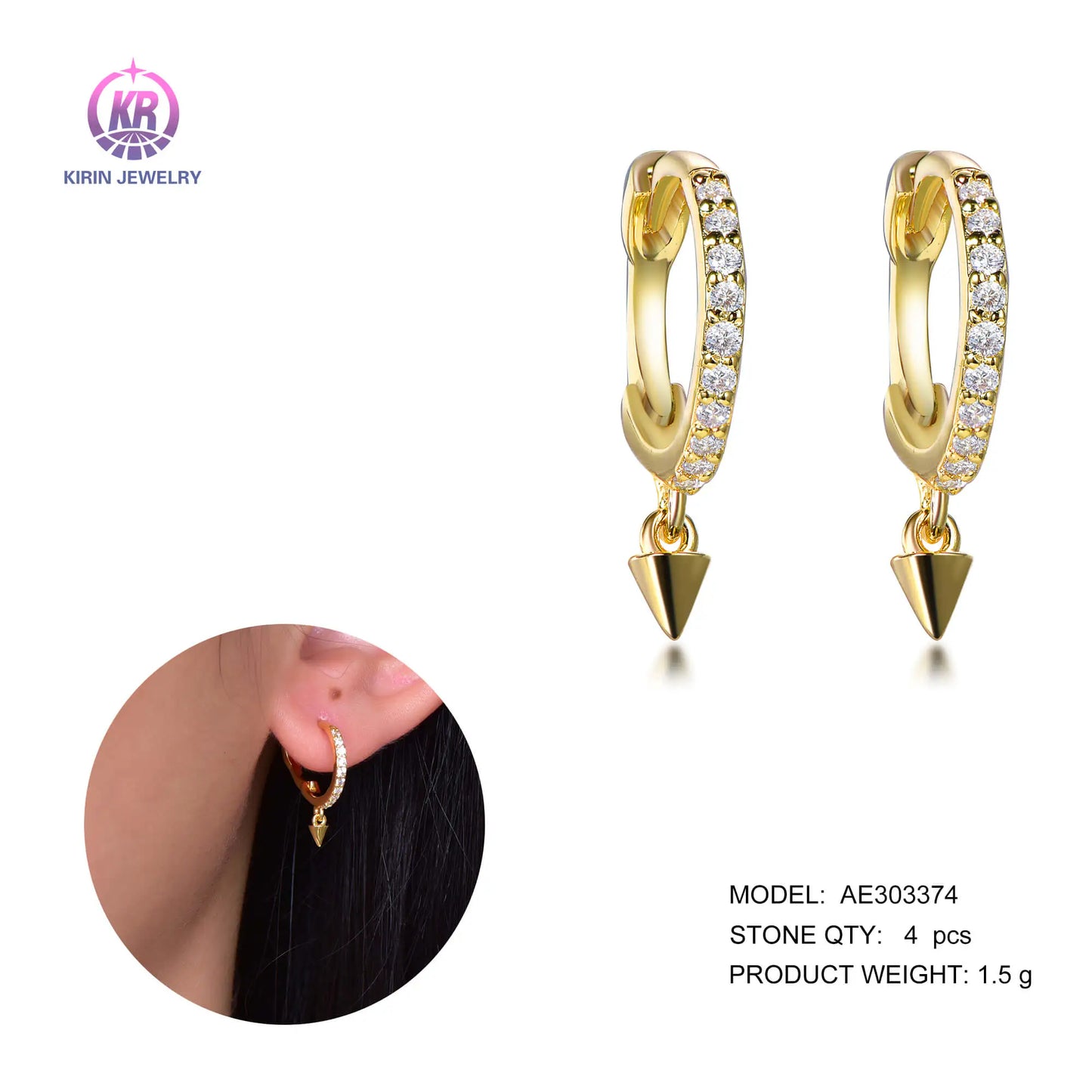 Wholesale Silver Gold Plated Cubic Zircon Small Huggie Spike Hoop Earrings for Women