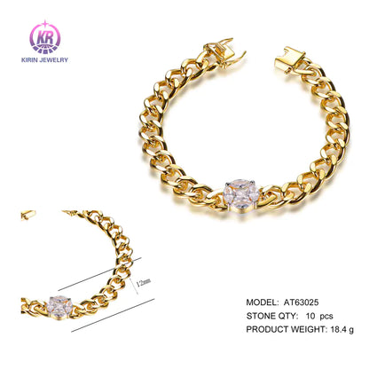 Wholesale Silver Gold Plated Cubic Zircon Statement Curb Cuban Link Bracelet for Women